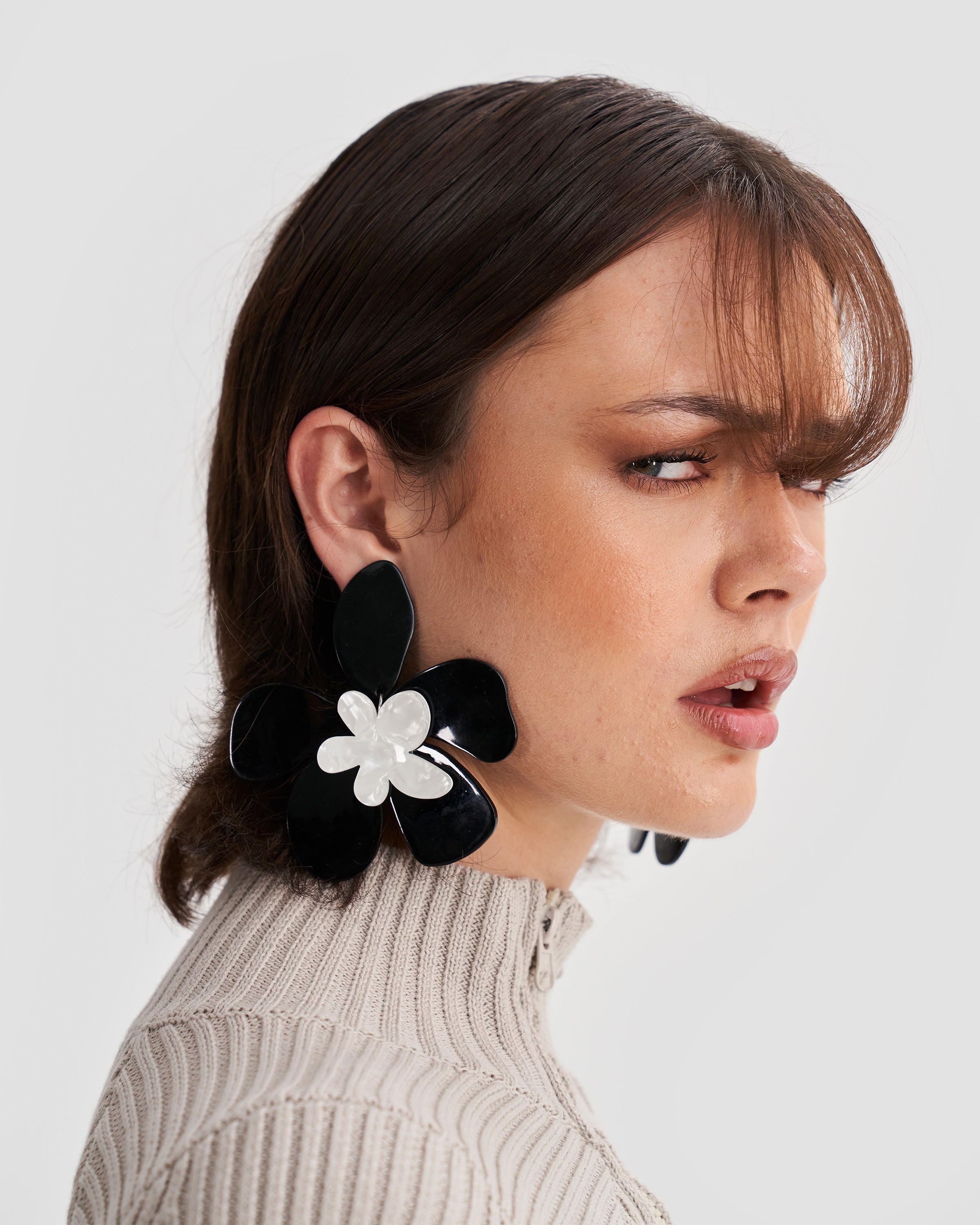 Statement Oversized Flower Earrings in Black and White